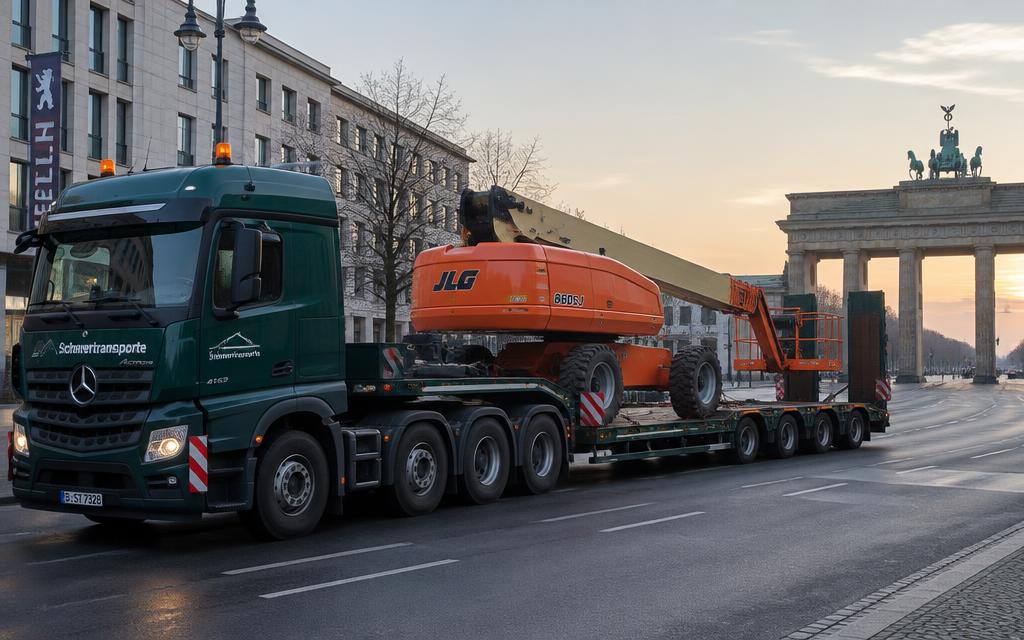 Tieflader transportiert eine Arbeitsbühne